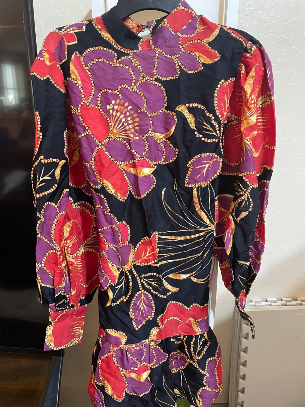 Farm Rio Black Floral Long Sleeve Blouse with Purple & Red Blooms